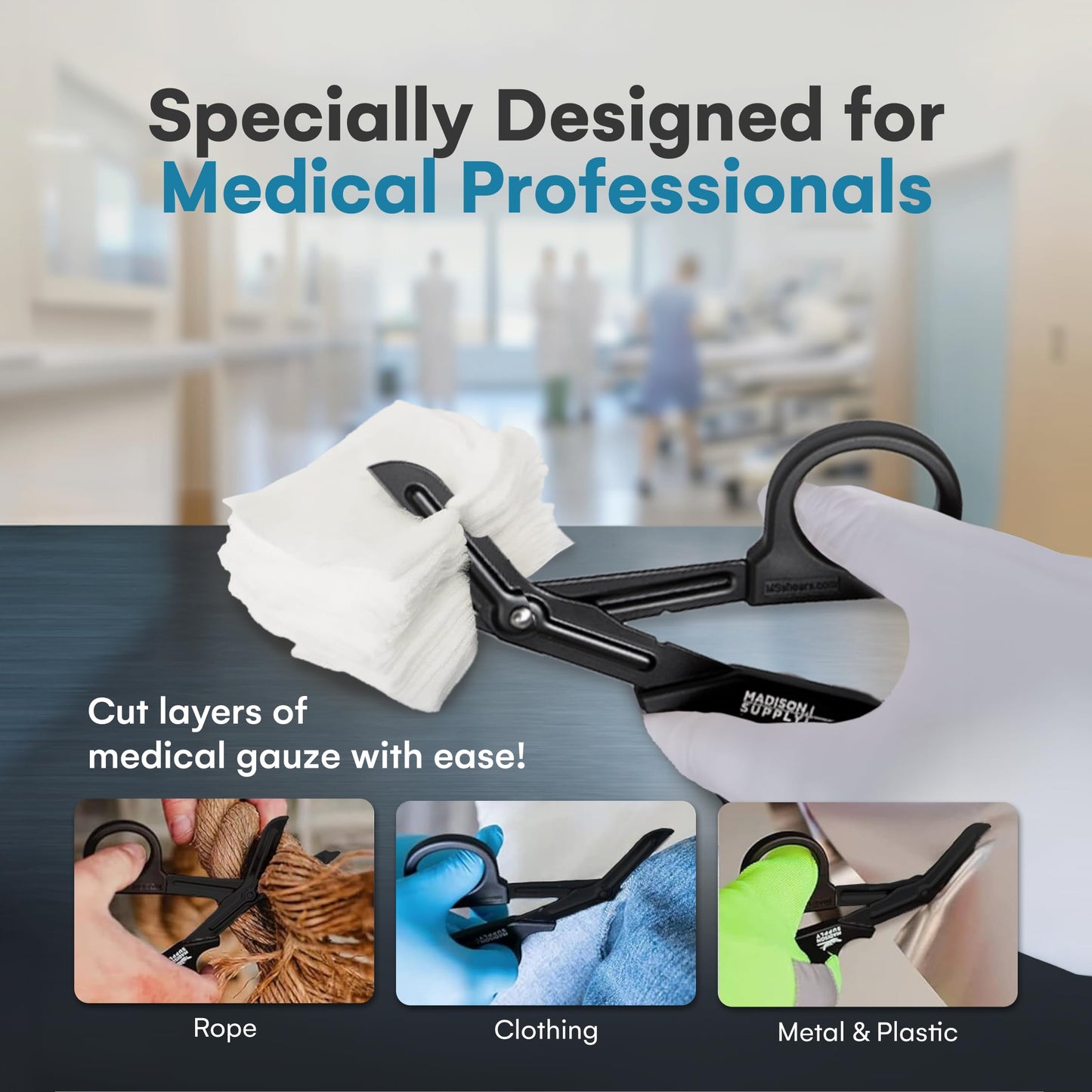 Madison Supply Medical Scissors, EMT and Trauma Shears - 7.5-Inch Bandage Scissors, Stainless Steel Medical Shears - Fluoride-Coated Blades for First Responders, Nurses, and Doctors (2 Pack, Black)