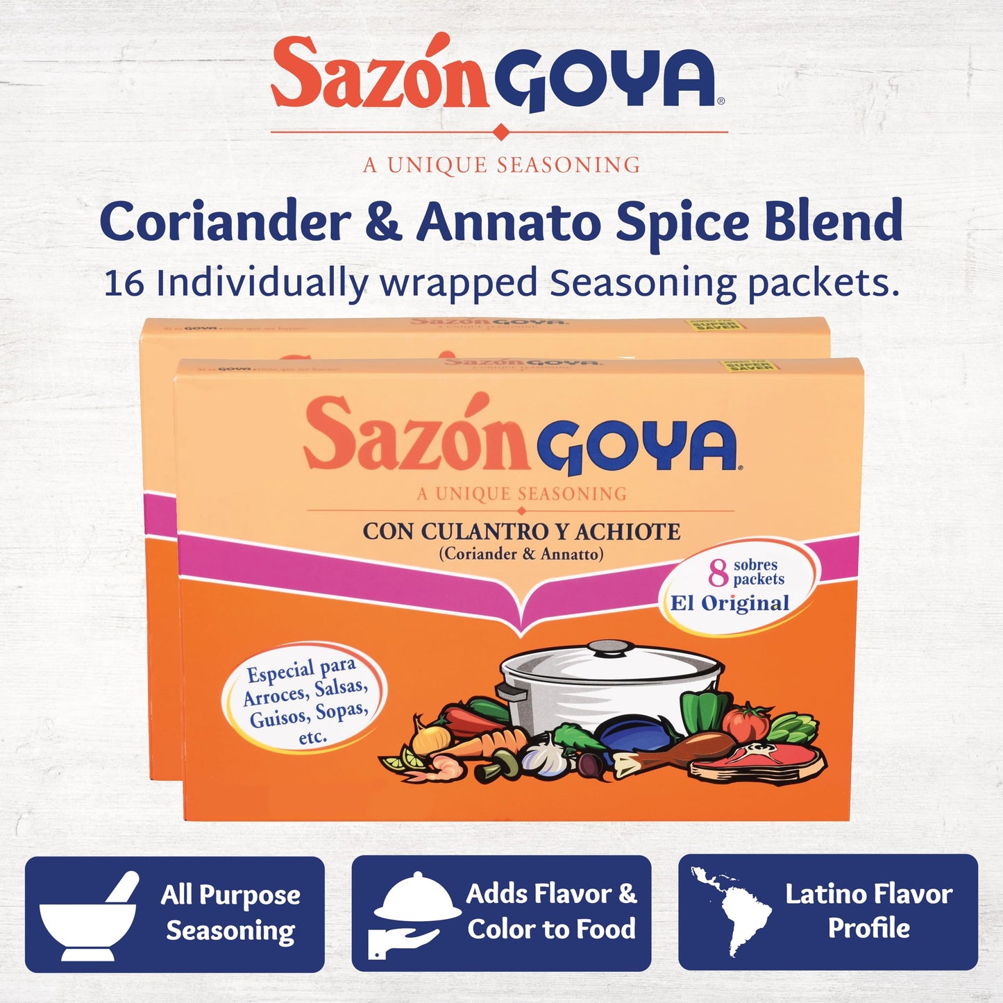 Sazón with Coriander & Annatto by Goya, Latin Spice Blend for Poultry, Seafood, Meat and Vegetables, All Purpose Mexican Seasoning, Pack of 2, 1.41oz Cartons, 8 Packets Each