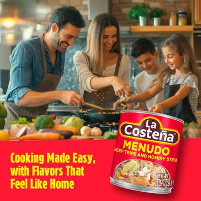 La Costeña Menudo Mix - Classic Mexican Food with Beef Stock, Hominy Corn & Mexican Seasoning - Canned Beef Tripe for Chunky Soup - Pantry Staples - Ready to Eat Shelf Stable Food - 25 oz, 12 Pack