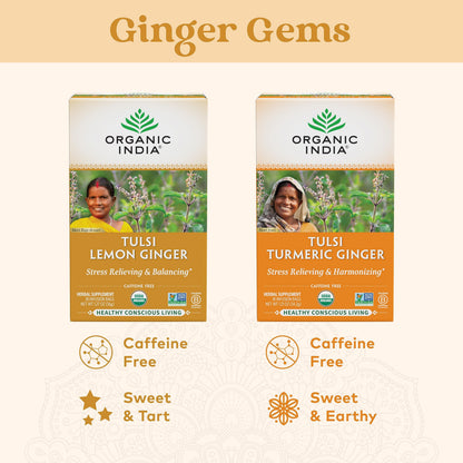 Organic India Tulsi Lemon Ginger Tea Bags - Herbal Tea, Stress Relieving & Reviving, Immune Support, Aids Digestion, Vegan, USDA Certified Organic, Non-GMO, Caffeine-Free - 18 Infusion Bags, 6 Pack