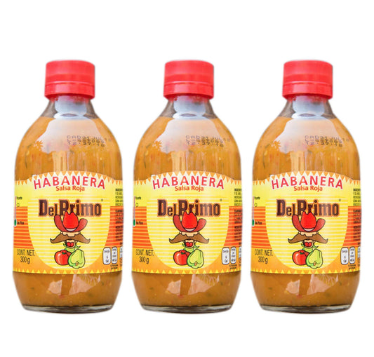 Del Primo Salsa Sauce 10.5oz Bottle (Pack of 3) Choose Flavor Below (Salsa Habanera Roja - Habanero Red Sauce)