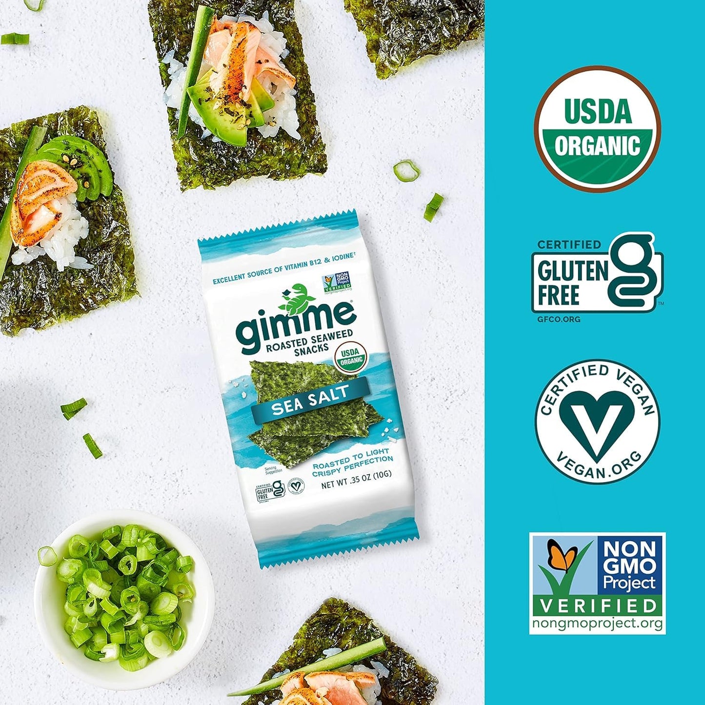 Gimme Seaweed Organic Premium Roasted Seaweed Snacks, Sea Salt, 10g Sharing Pack (Single) Keto, Vegan, Gluten-Free, Great Source of Omega3s and Iodine, Healthy On-The-Go Snack for Kids and Adults