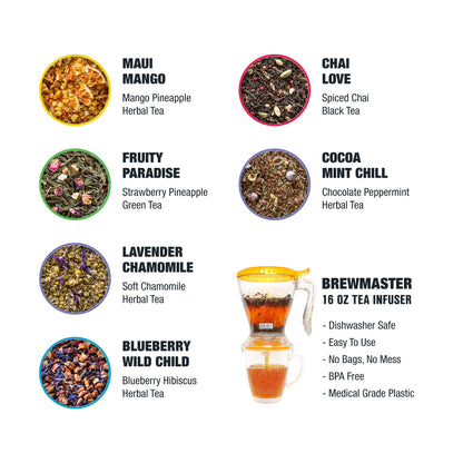 Tiesta Tea Ultimate Live Loose Leaf Kit, Tea Starter Kit with High to Non-Caffeinated Blends, Hot & Iced Brews, Includes Black, Green, Herbal Sample Bags and 16oz Brewmaster Dispensing Infuser