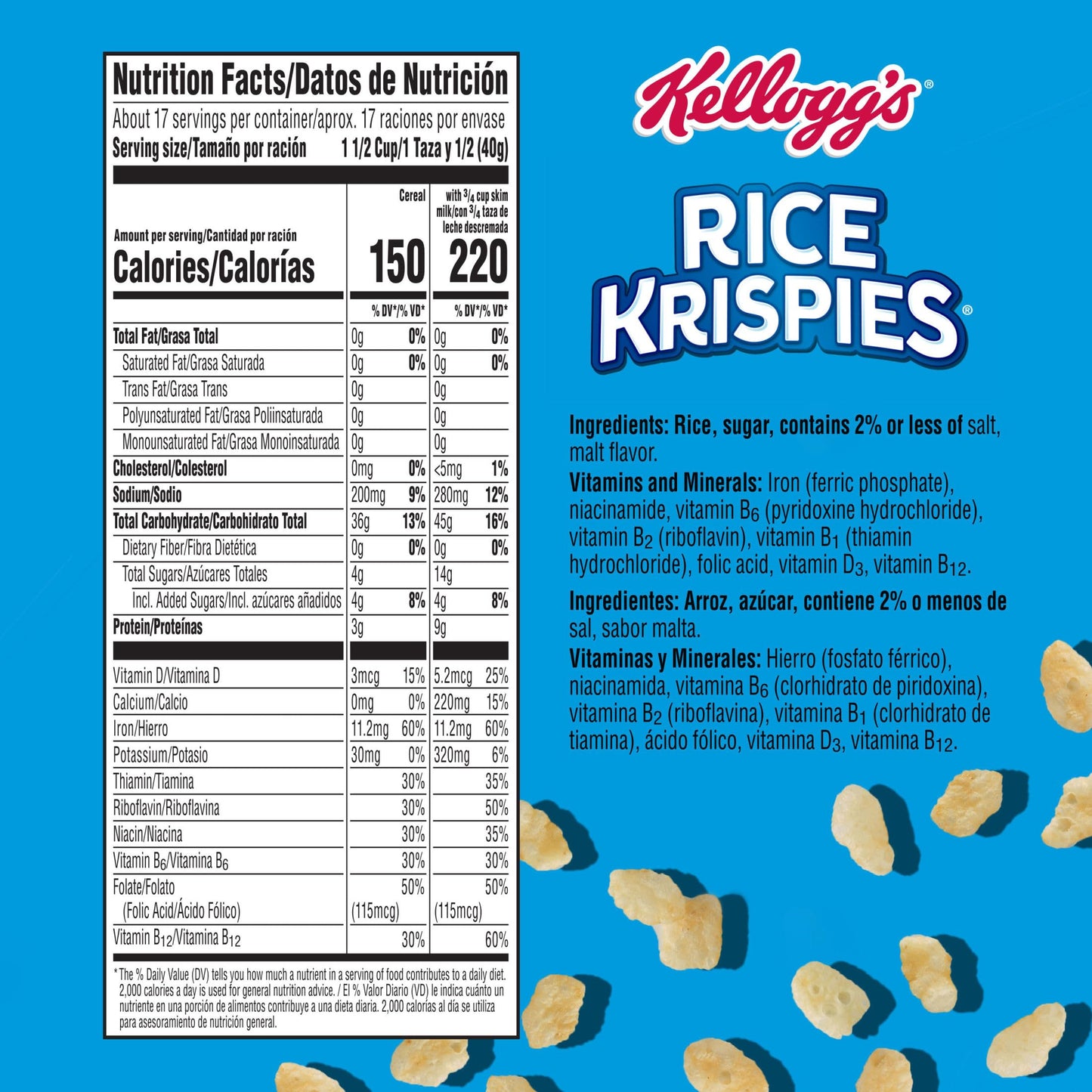 Kellogg's Rice Krispies Cold Breakfast Cereal, 8 Vitamins and Minerals, Rice Krispies Treats, Giant Size, Original, 24oz Box (1 Box)