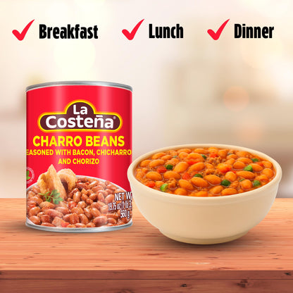 La Costeña Charro Beans - Ready-to-Eat Canned Pinto Beans with Chorizo, Bacon & Chicharrones - Mexican Food, Tex Mex, Chili Ingredients, Bean Dip, Bean Burger & Burrito - 19.75oz, 12 Pack Canned Food