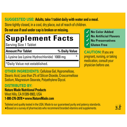 Nature Made L-Lysine 1000 mg, Dietary L-Lysine Supplements, 60 Tablets, 60 Day Supply