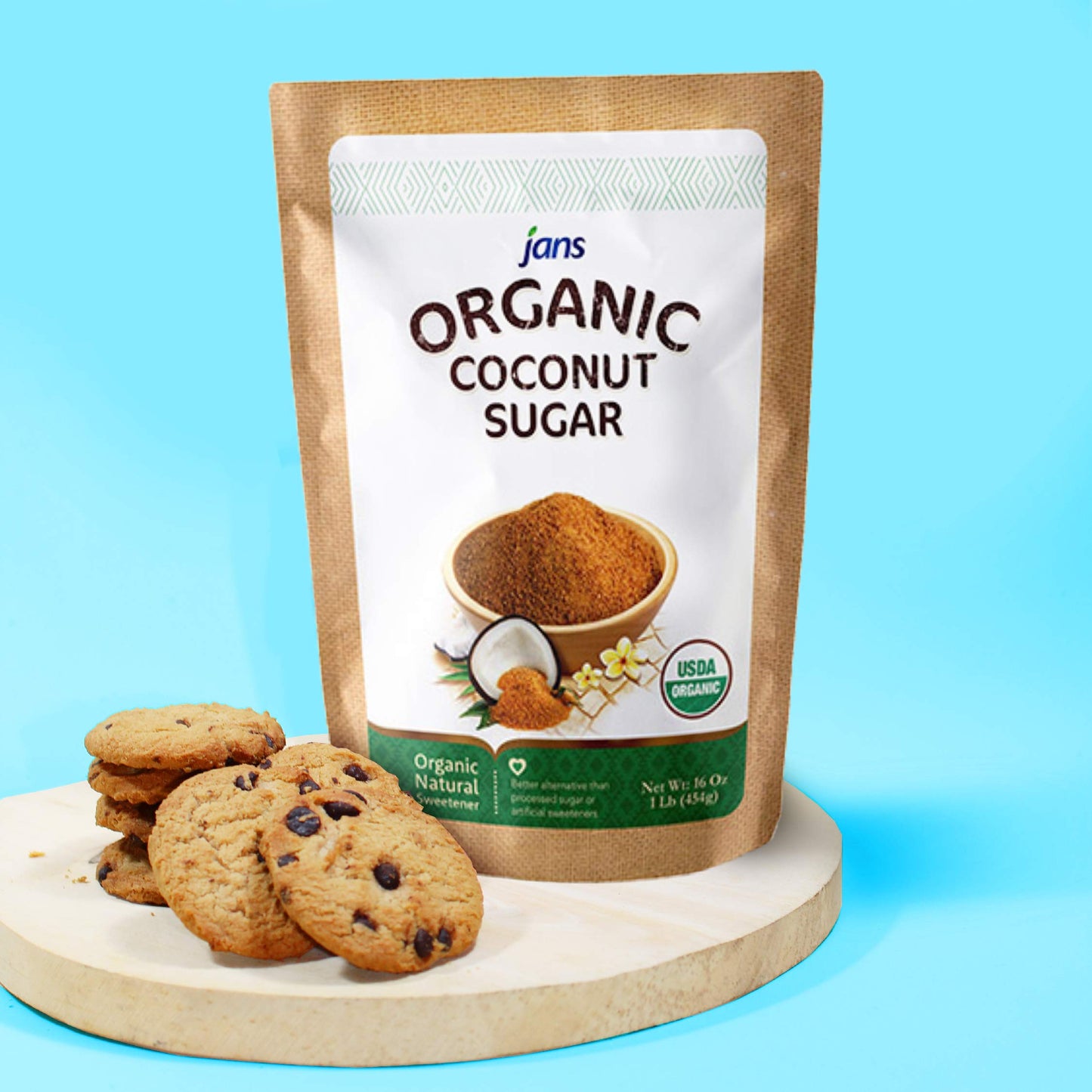 Jans Organic Coconut Sugar 16 oz | Made from Fresh Coconut | Gluten-Free | Non-GMO | Low Glycemic | Paleo & Vegan Friendly | Mild Caramel Flavor | USDA Certified Organic (Pack of 1)