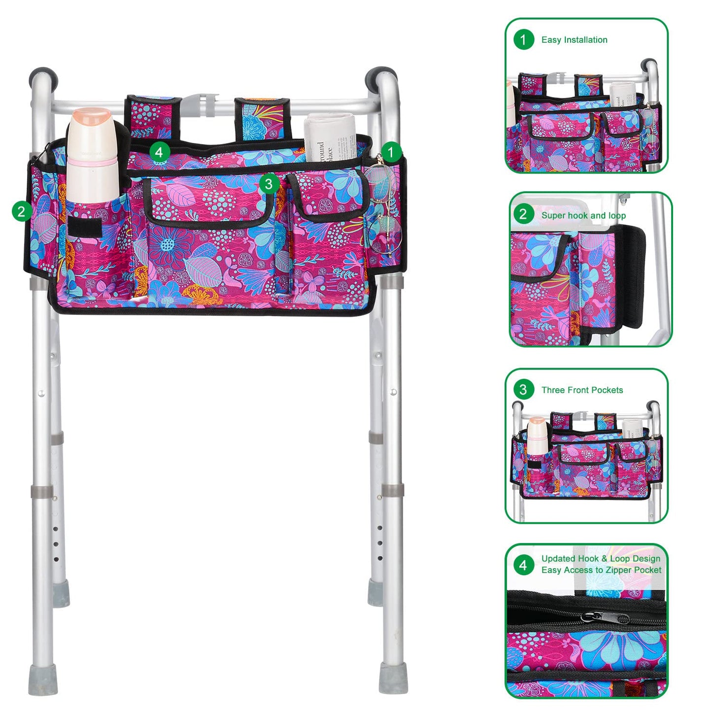 supregear Walker Bag Basket, Multi Pockets Folding Walker Pouch with Cup Holder and Zipper Compartment for Seniors, Water Resistant Walker Attachment Accessories Storage Bag