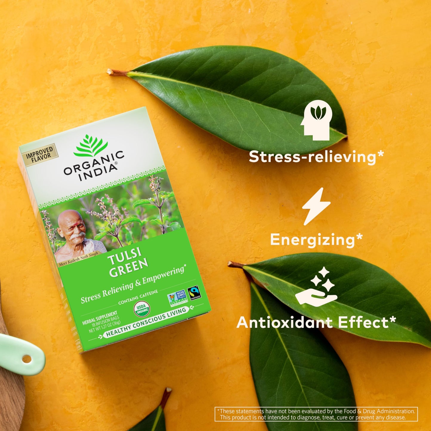 ORGANIC INDIA Tulsi Green Tea Bags - Holy Basil Tea, African Basil, Stress Relieving, Immune Support, USDA Certified Organic, Premium Darjeeling Green Tea, Caffeinated - 18 Infusion Bags, 1 Pack