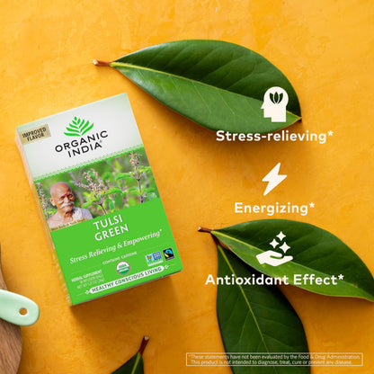ORGANIC INDIA Tulsi Green Tea Bags - Holy Basil Tea, African Basil, Stress Relieving, Immune Support, USDA Certified Organic, Premium Darjeeling Green Tea, Caffeinated - 18 Infusion Bags, 1 Pack
