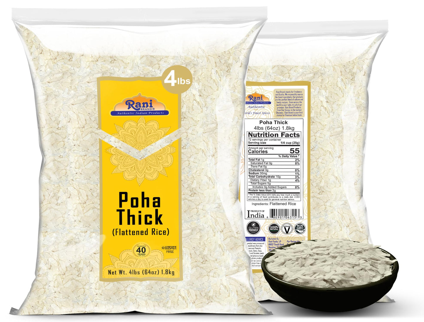 Rani Poha (Powa) Thick Medium-Cut (Flattened Rice) 64oz (4lbs) 1.81kg ~ All Natural, Salt-Free | Vegan | Kosher | No Colors | Gluten Friendly | Indian Origin
