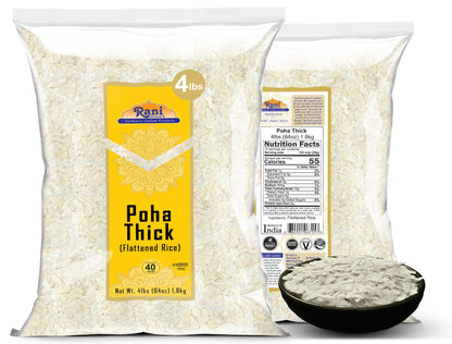 Rani Poha (Powa) Thick Medium-Cut (Flattened Rice) 64oz (4lbs) 1.81kg ~ All Natural, Salt-Free | Vegan | Kosher | No Colors | Gluten Friendly | Indian Origin