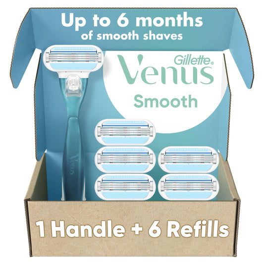 Gillette Venus Smooth Women's Razor Handle + 6 Refills with Soft-Grip Gel Handle