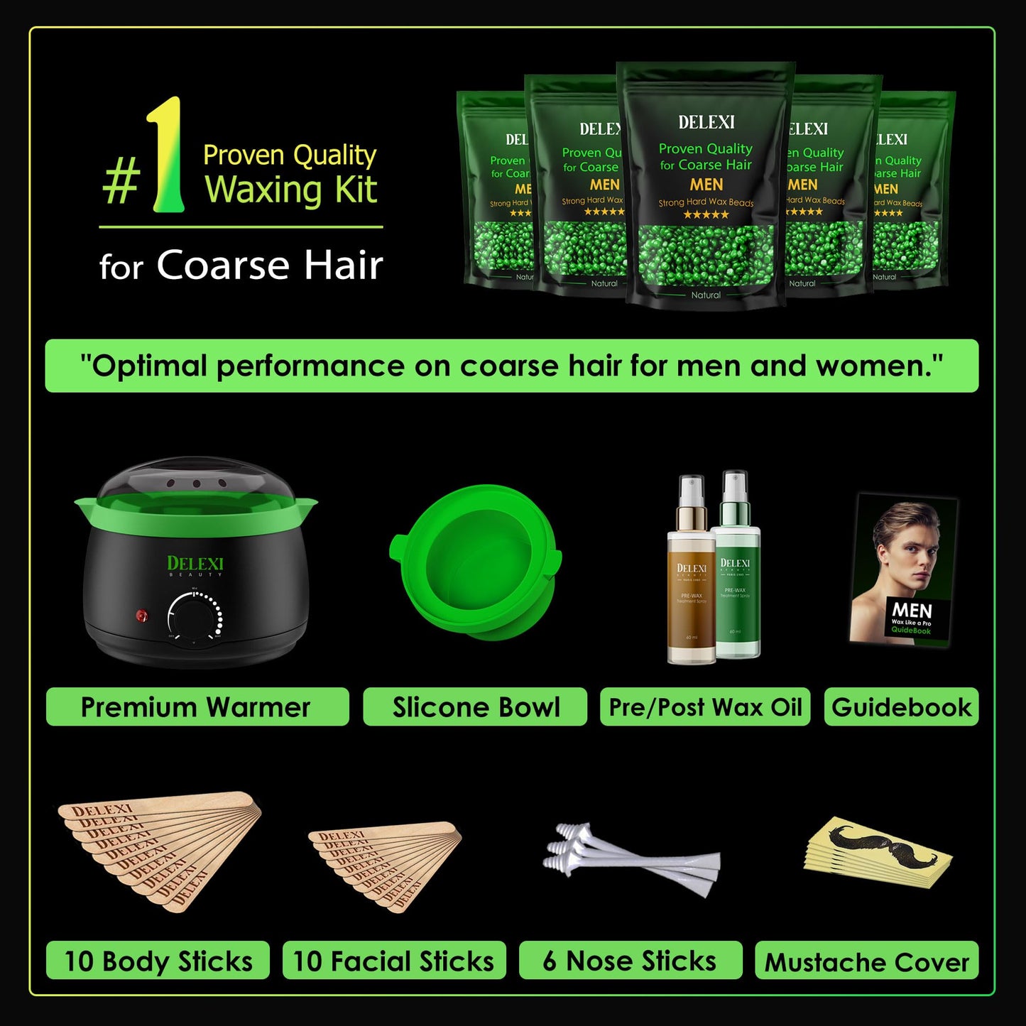 Men’s Waxing Kit for Coarse Back & Chest Hair – New Heavy-Duty Edition – Home Waxing System for Couples & Male Grooming – Includes Analog Warmer & Precision Tools for Beard & Brows