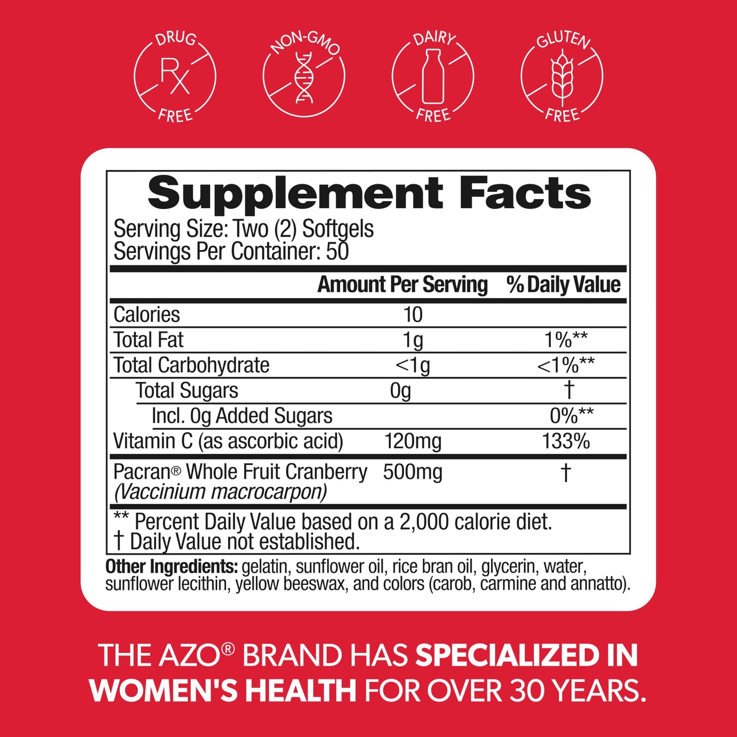 AZO Cranberry Supplement, Made with Concentrated Whole Fruit Cranberry Powder to Help Cleanse and Protect the Urinary Tract*, Sugar Free Cranberry Pills, Non-GMO, 100 Softgels