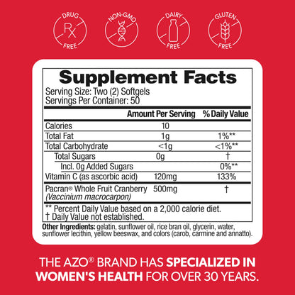 AZO Cranberry Supplement, Made with Concentrated Whole Fruit Cranberry Powder to Help Cleanse and Protect the Urinary Tract*, Sugar Free Cranberry Pills, Non-GMO, 100 Softgels