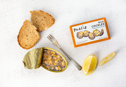 Matiz España Wild Cockles from Galicia, Spain in Natural Sea Salt Brine (4 oz.) Spanish Berberechos, Small Clams, Hand Packed, Size 45/55 (Pack of 3)