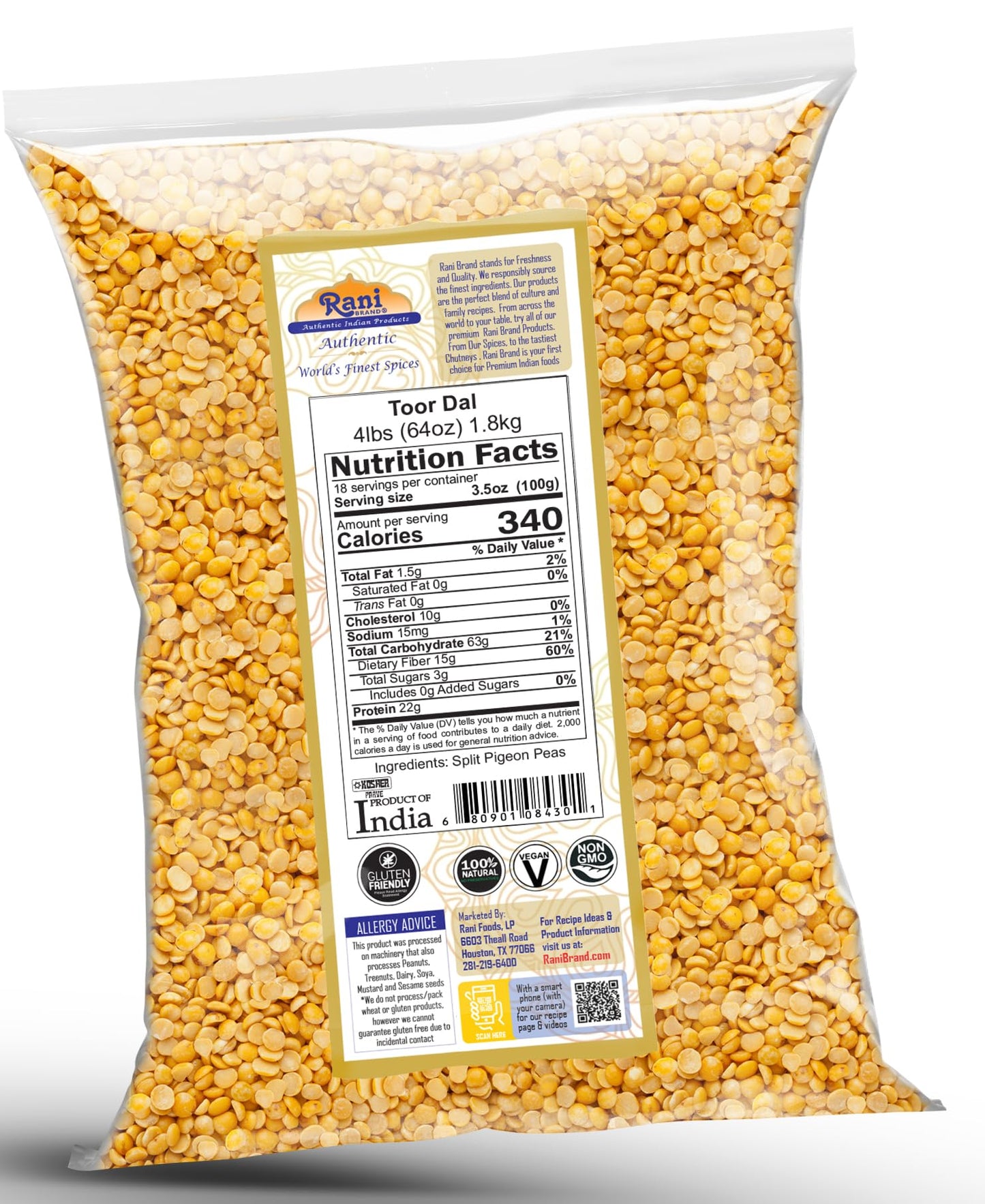 Rani Toor Dal (Split Pigeon Peas) 64oz (4lbs) 1.81kg Bulk ~ All Natural | Gluten Friendly | NON-GMO | Vegan | Indian Origin