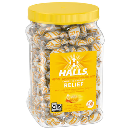 HALLS Cough and Throat Relief Honey Lemon Cough Drops, Bulk Pack, 250 Drops
