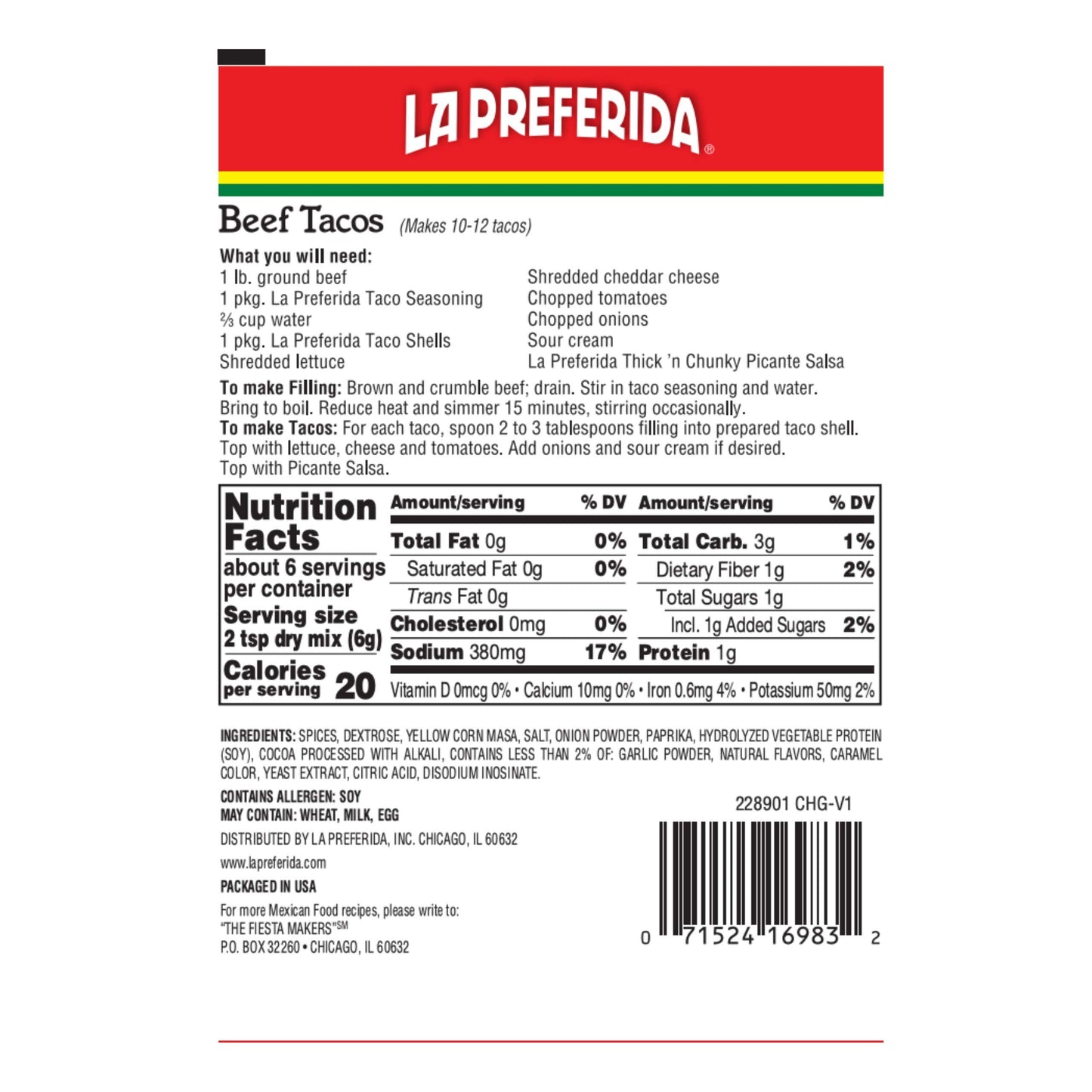 La Preferida Authentic Taco Seasoning Mix - Bold Flavor, Versatile Spice blend for Wings, Burgers, Soups, Dips & more, 1.25 oz (Pack of 24)