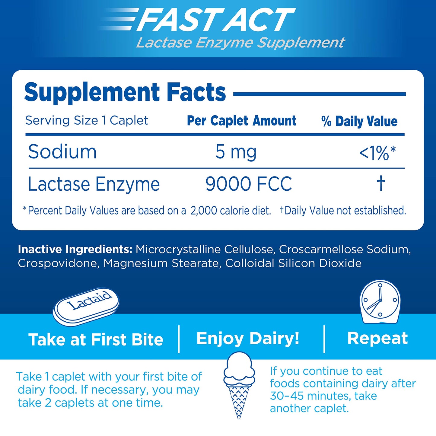 Lactaid Fast Act Lactose Intolerance Caplets with Lactase Enzyme, Dairy Relief from Gas, Bloating & Diarrhea, 9000 FCC Lactose Intolerance Pills, 96 Individual Travel On-The-Go Packs (96 x 1 ct)