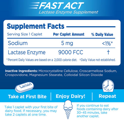Lactaid Fast Act Lactose Intolerance Caplets with Lactase Enzyme, Dairy Relief from Gas, Bloating & Diarrhea, 9000 FCC Lactose Intolerance Pills, 96 Individual Travel On-The-Go Packs (96 x 1 ct)