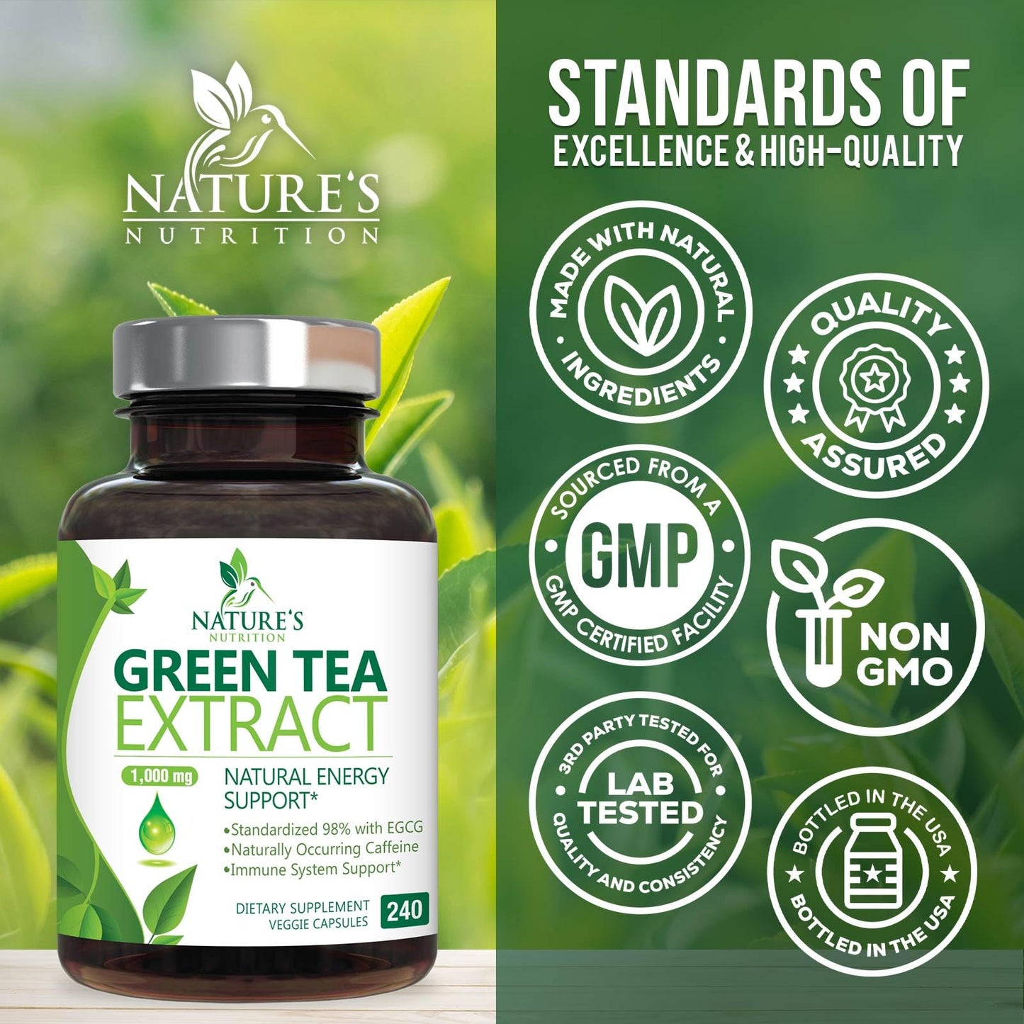 Green Tea Extract Capsules 1000 mg Per Serving - 3X Strength Green Tea Pills with 45% EGCG & 98% Polyphenols for Natural Energy - Vegan Antioxidant Herbal Supplement for Heart Support - 240 Capsules