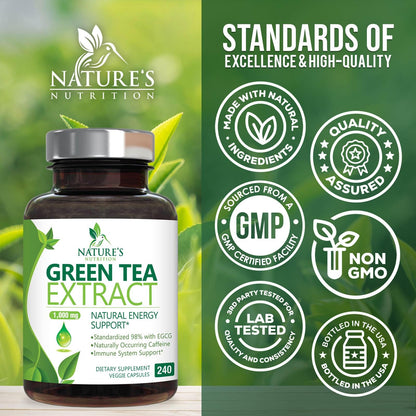 Green Tea Extract Capsules 1000 mg Per Serving - 3X Strength Green Tea Pills with 45% EGCG & 98% Polyphenols for Natural Energy - Vegan Antioxidant Herbal Supplement for Heart Support - 240 Capsules