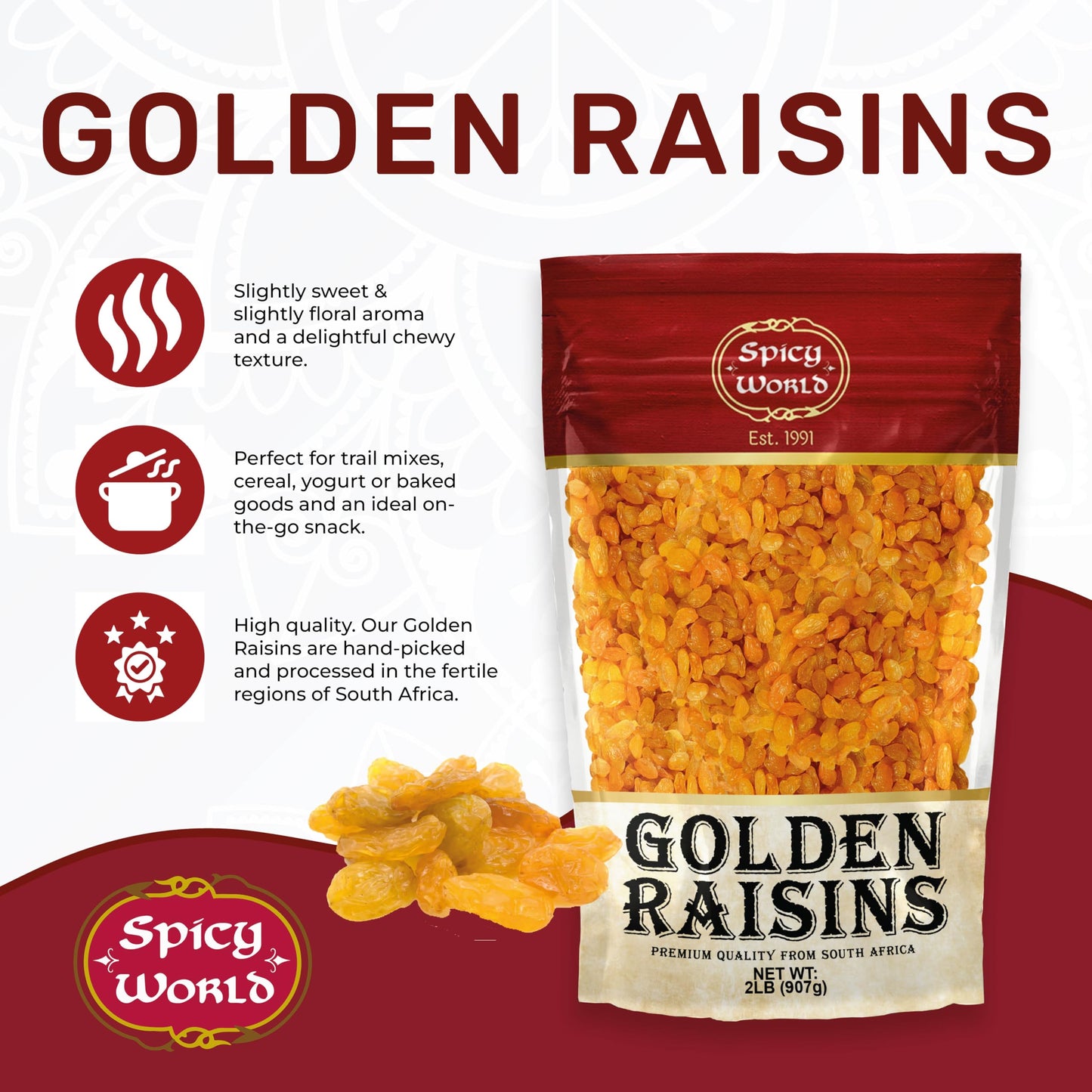 Spicy World Golden Raisins 2 LB Bulk Bag - Sweet & Seedless Sultanas from South Africa | | Perfectly Dried for Natural Sweetness | Ideal Dried Fruit Snack | For Baking & More | No Added Sugar