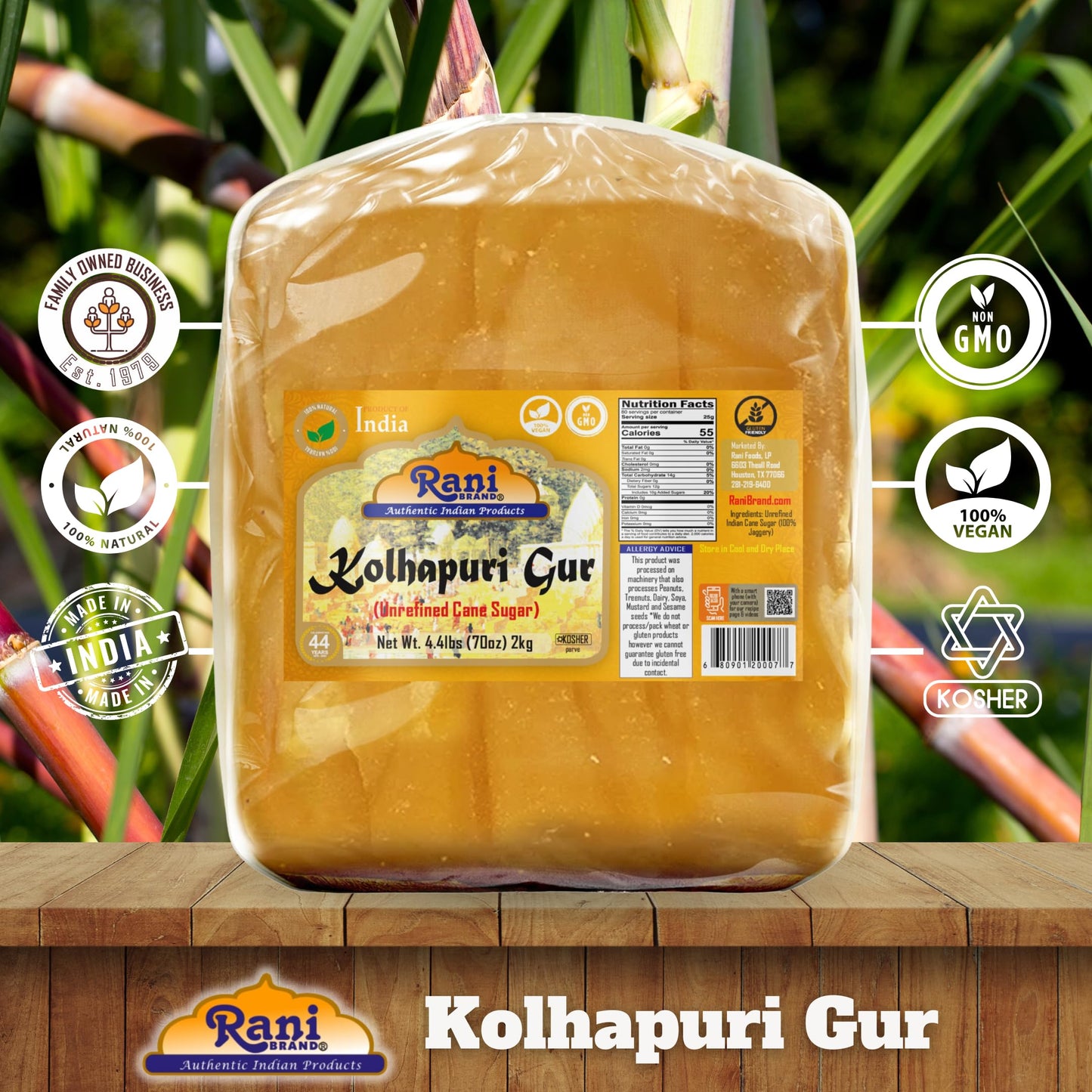 Rani Kolhapuri Gur (Jaggery) 70oz (4.4lbs) 2kg ~ Unrefined Cane Sugar, No Color added, Gluten Friendly | Vegan | NON-GMO | Kosher | No Salt or fillers
