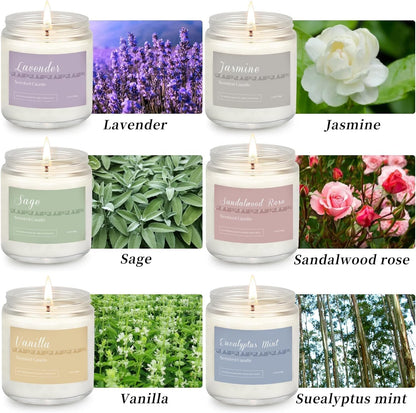6 Pack Scented Candles Gift Set, Long Lasting Aromatherapy Candles for Home, 37.8 oz 300 Hour Burn, Lavender Jasmine Vanilla Sage Sandalwood Rose Eucalyptus Mint, Gifts for Women