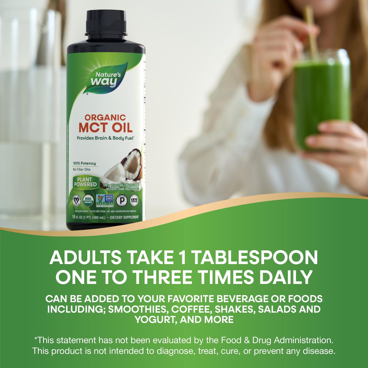 Nature’s Way Organic MCT Oil, Brain and Body Fuel*, Liquid Coconut MCT Oil with C8 Caprylic & C10 Capric Acids, 14 g Medium Chain Triglycerides per Serving, Keto & Paleo Certified, Non-GMO, 16 Fl Oz