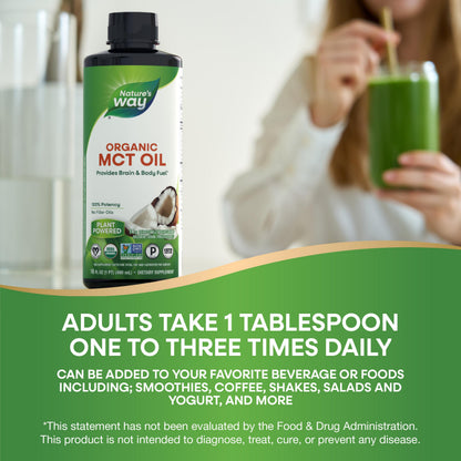 Nature’s Way Organic MCT Oil, Brain and Body Fuel*, Liquid Coconut MCT Oil with C8 Caprylic & C10 Capric Acids, 14 g Medium Chain Triglycerides per Serving, Keto & Paleo Certified, Non-GMO, 16 Fl Oz