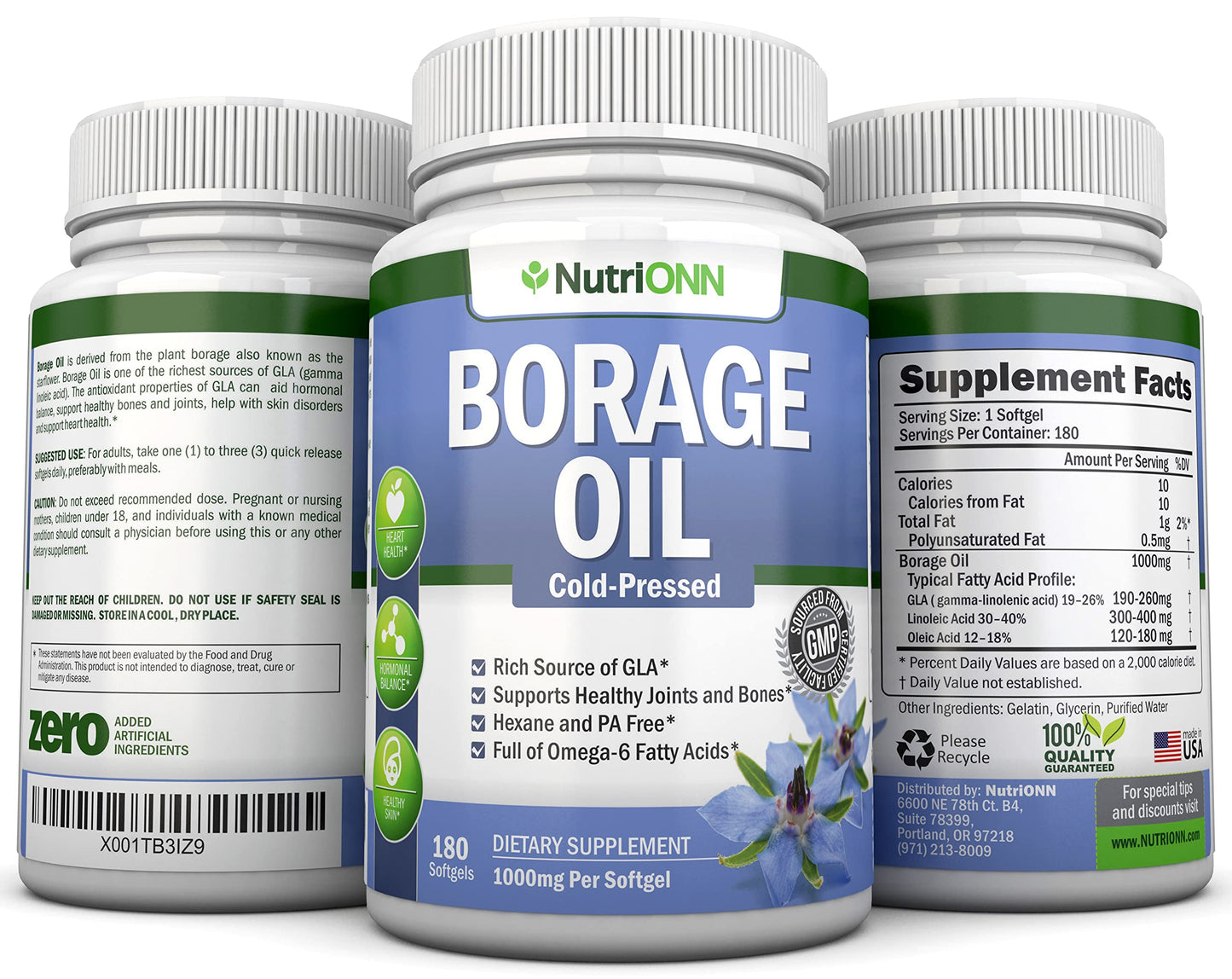 Borage Oil - 1000 mg - 180 Softgels - Cold Pressed High GLA Borage Seed Oil - Hexane and PA Free - Great for Skin, Hair and Bones.