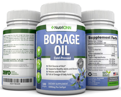 Borage Oil - 1000 mg - 180 Softgels - Cold Pressed High GLA Borage Seed Oil - Hexane and PA Free - Great for Skin, Hair and Bones.