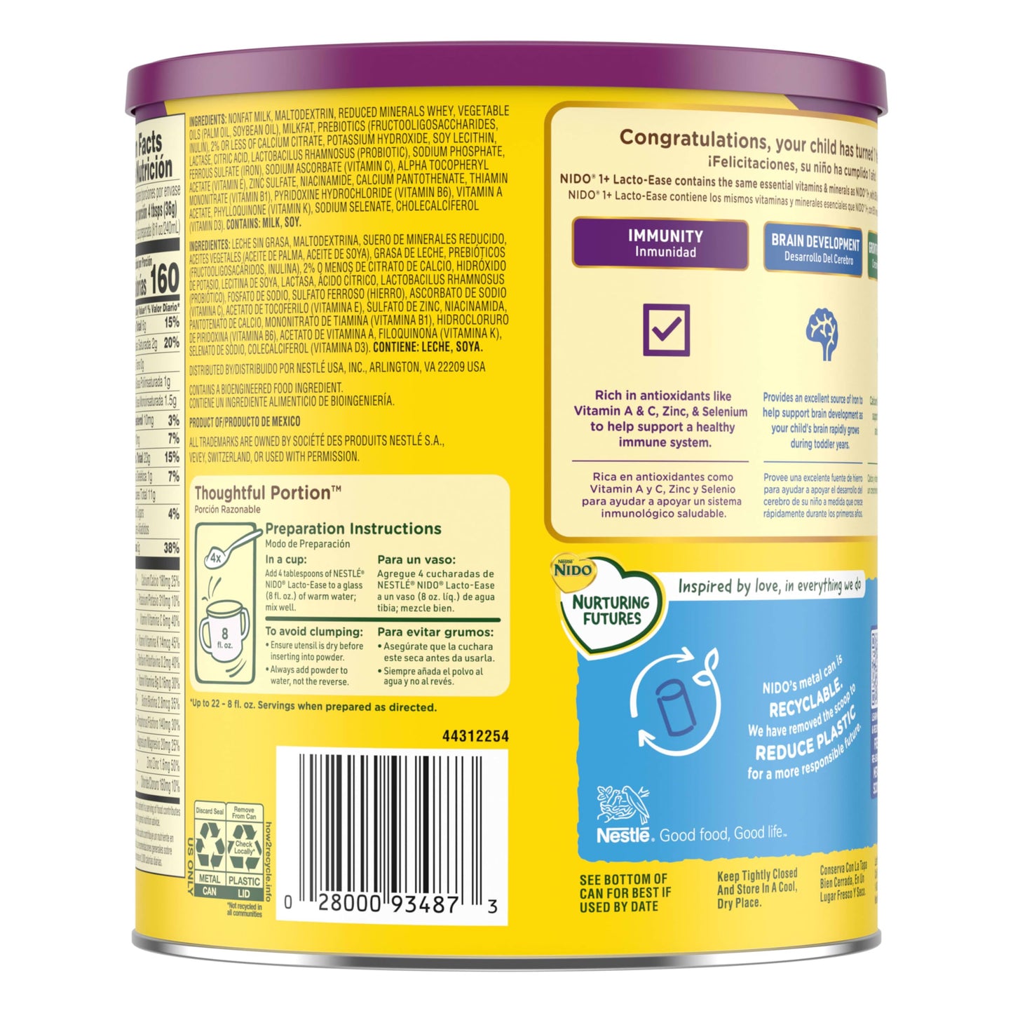 Nestlé NIDO Lacto-Ease Toddler Milk Beverage Powder Mix, Reduced Lactose, Toddler Nutritional Drink, Powdered Milk for Toddlers, 22 Servings per Container, 28.2 OZ, Pack of 1