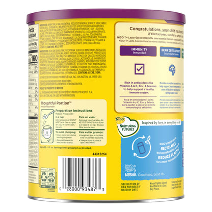 Nestlé NIDO Lacto-Ease Toddler Milk Beverage Powder Mix, Reduced Lactose, Toddler Nutritional Drink, Powdered Milk for Toddlers, 22 Servings per Container, 28.2 OZ, Pack of 1