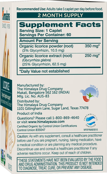 Himalaya Organic Licorice, 60 Day Supply - Digestive Health Supplement for Upset Stomach Relief and Occasional Bloating and Heartburn - USDA Organic, Vegan, Non-GMO, Non-DGL, Gluten Free, 60 Caplets