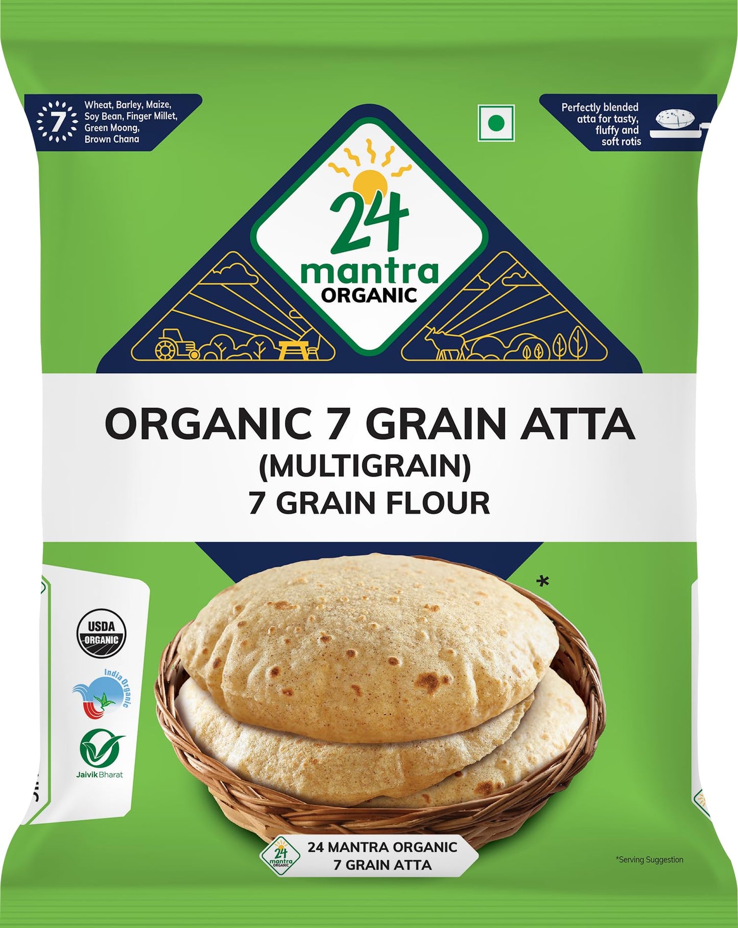 Organic 7 Grain Atta 1Kg/2.2 lb (Wheat, Pearl Millet, Sorghum, Green Mungbean, Barley, Ragi, Soybean) - 24 Mantra Organic