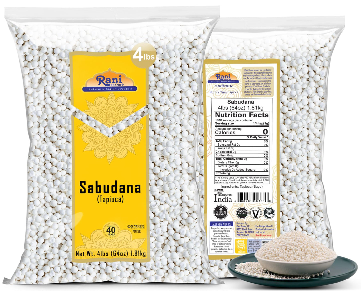 Rani Sabudana (Tapioca/Sago) Pearls 64oz (4lbs) 1.81kg Bulk ~ All Natural | Vegan | No Colors | NON-GMO | Indian Origin
