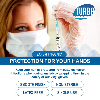 Clear Latex-Free Disposable Gloves – 100 Ct. Single-Use Powder-Free Vinyl Gloves – Non-Latex Gloves for Cleaning, Sanitary Gloves for Medical Examination, & Food-Safe Cooking Gloves by TURBA, Large