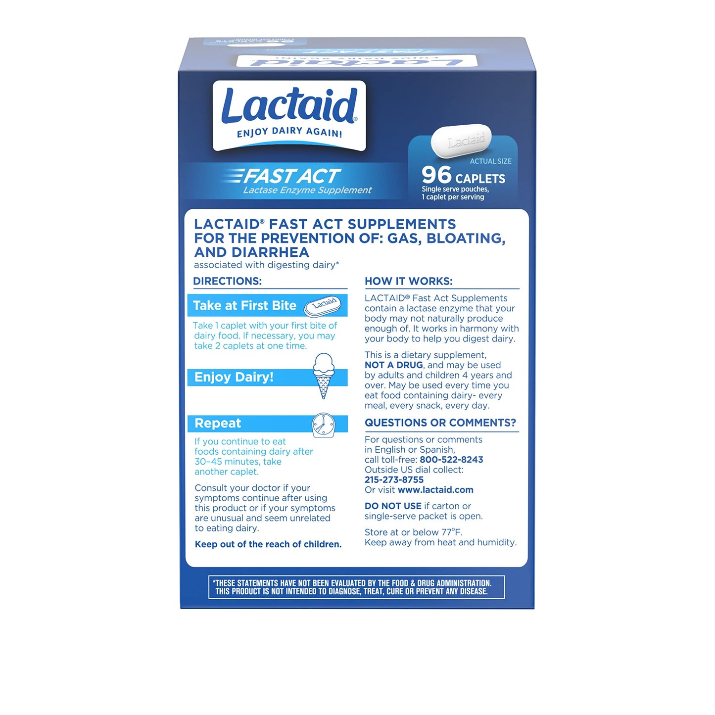 Lactaid Fast Act Lactose Intolerance Caplets with Lactase Enzyme, Dairy Relief from Gas, Bloating & Diarrhea, 9000 FCC Lactose Intolerance Pills, 96 Individual Travel On-The-Go Packs (96 x 1 ct)