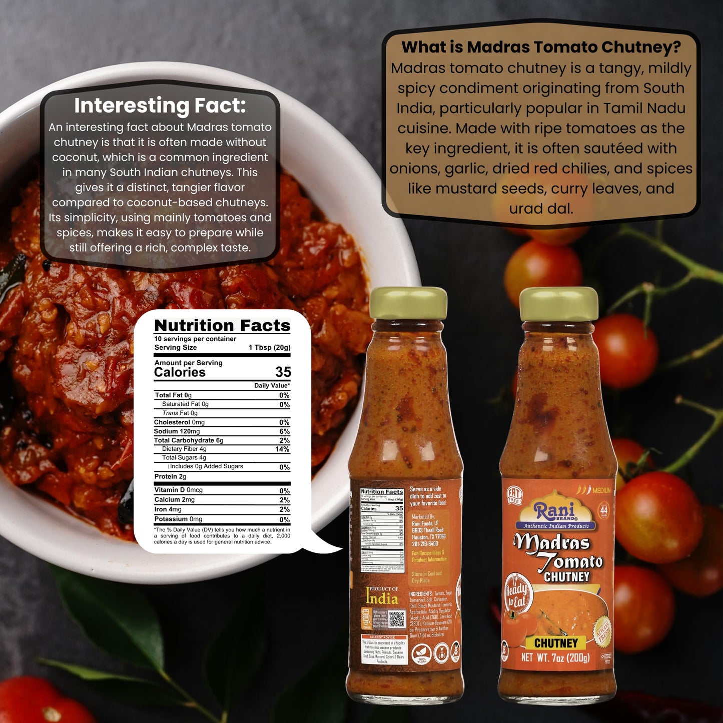 Rani Madras Tomato Chutney 7oz (200g) Glass Jar, Ready to eat, Vegan ~ Gluten Free | NON-GMO | No Colors | Indian Origin