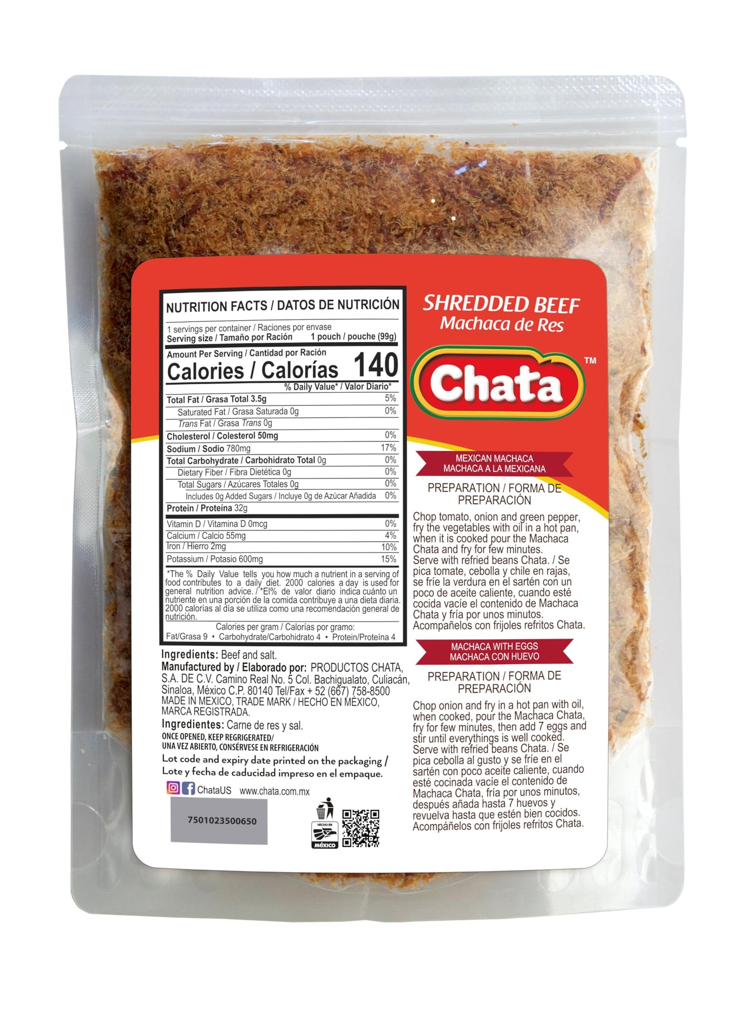 Chata Mexican Machaca de Res, Traditional Dried Shredded Beef, 3.5 oz