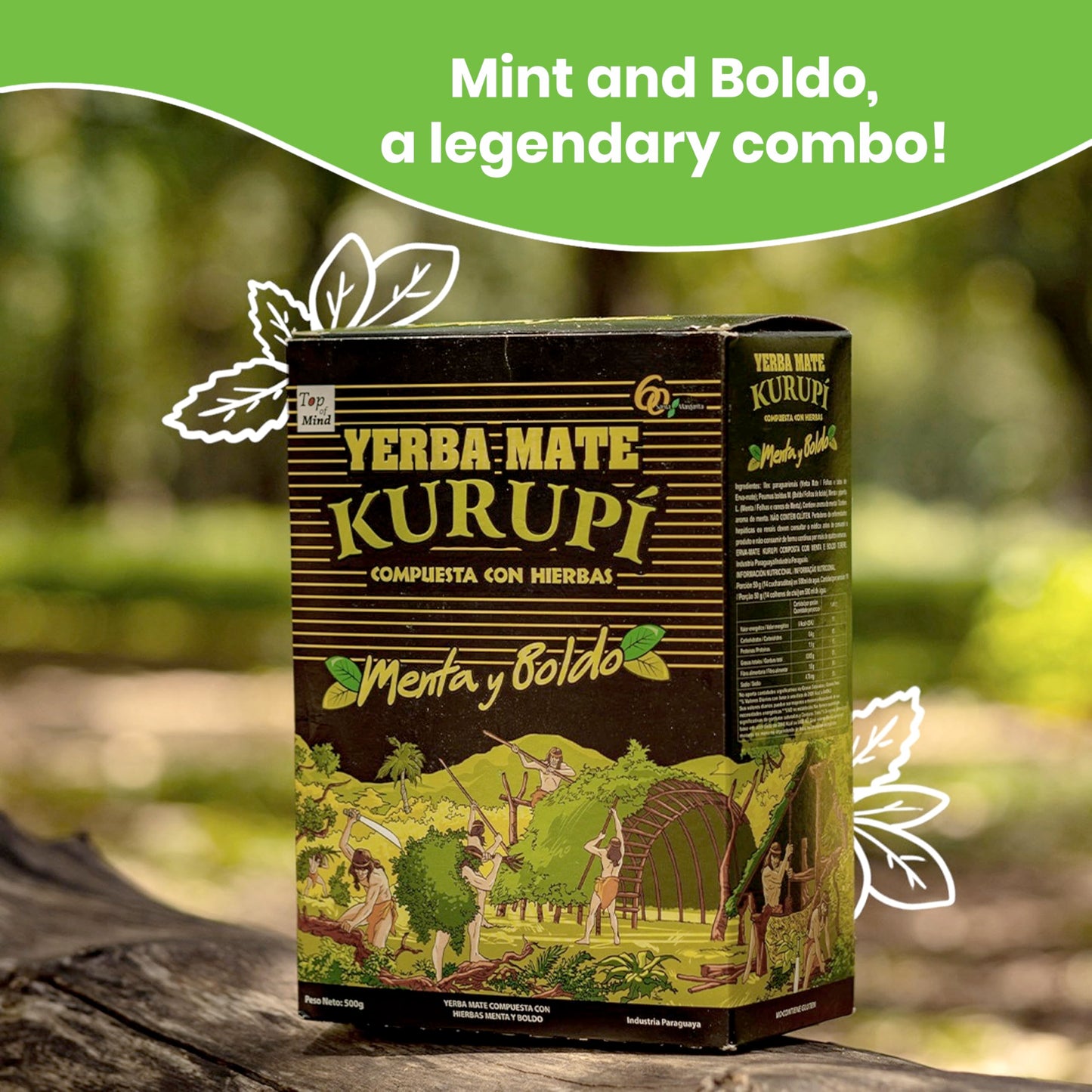 Kurupi Yerba Mate with Mint & Boldo 500 g (1.1 lb) | Paraguayan Herbal Loose Leaf Blend | Refreshing Natural Mate Tea with Mint & Boldo Leaves | Gluten Free