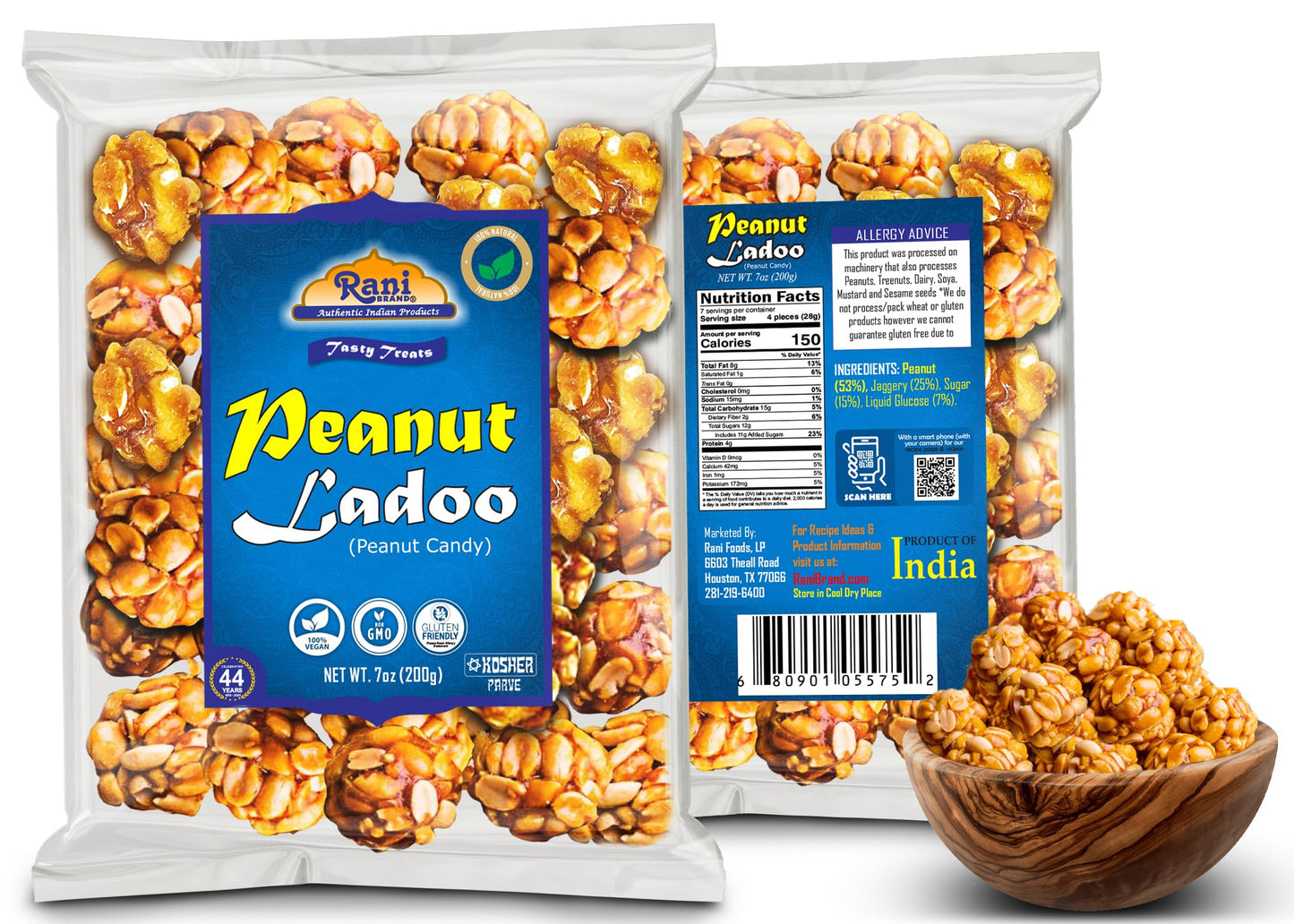 Rani Peanut Ladoo (Round Peanut Brittle Candy) 7oz (200g) x Pack of 4 ~ All Natural | Vegan | No colors | Gluten Friendly | Kosher | Indian Origin