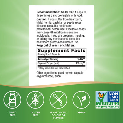 Nature's Way Cayenne Pepper Capsules, Traditional Digestion & Circulation Support*, Capsaicin, Non-GMO Project Verified, Gluten Free, 180 Vegan Capsules (Packaging May Vary)