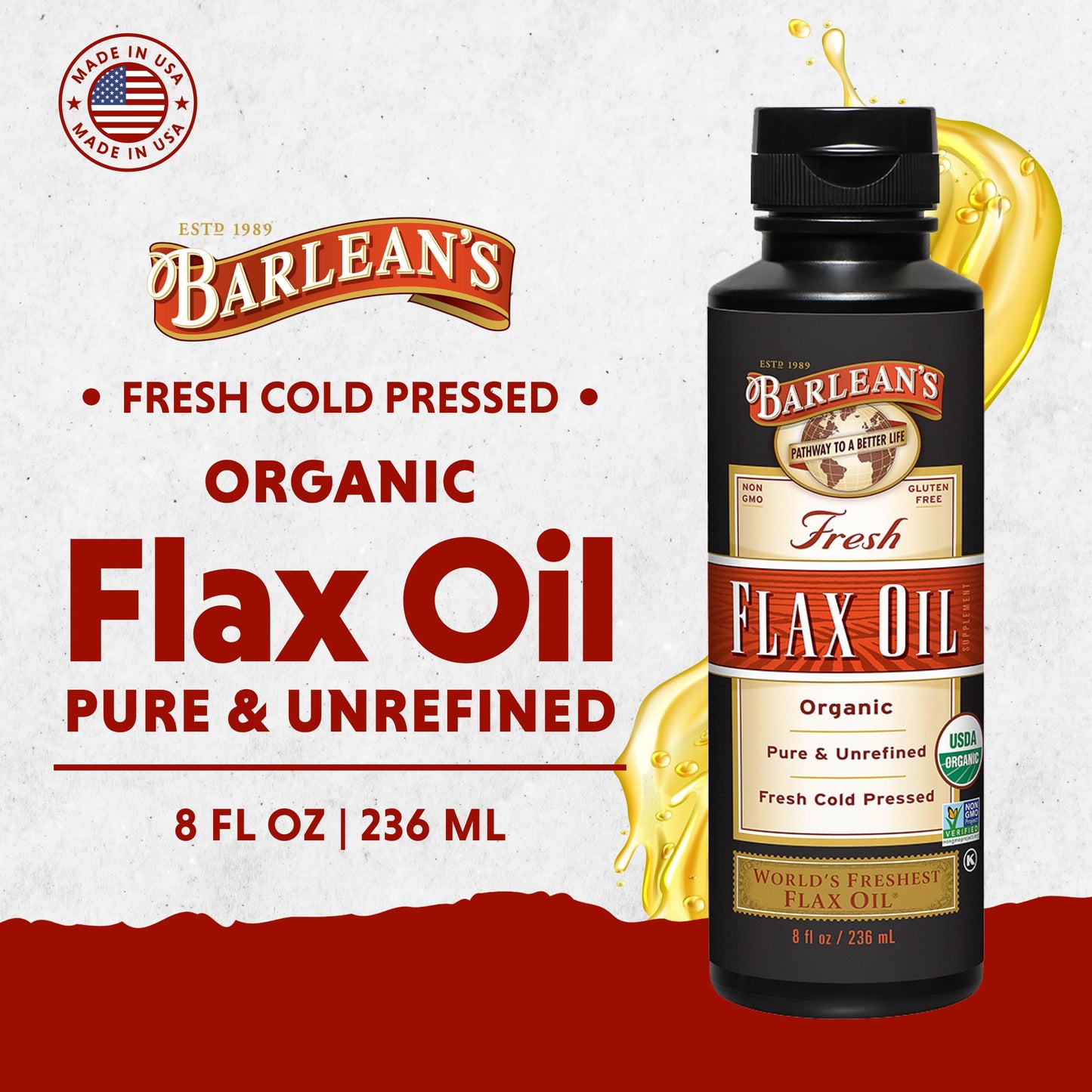 Barlean's Organic Flaxseed Oil Liquid from Fresh Cold Pressed Flax Seeds, 7,640mg ALA Omega 3 Fatty Acid Supplement for Skin and Hair Care, Vegan & Gluten Free, 8 oz