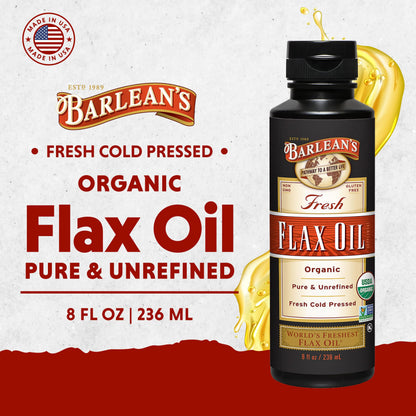 Barlean's Organic Flaxseed Oil Liquid from Fresh Cold Pressed Flax Seeds, 7,640mg ALA Omega 3 Fatty Acid Supplement for Skin and Hair Care, Vegan & Gluten Free, 8 oz