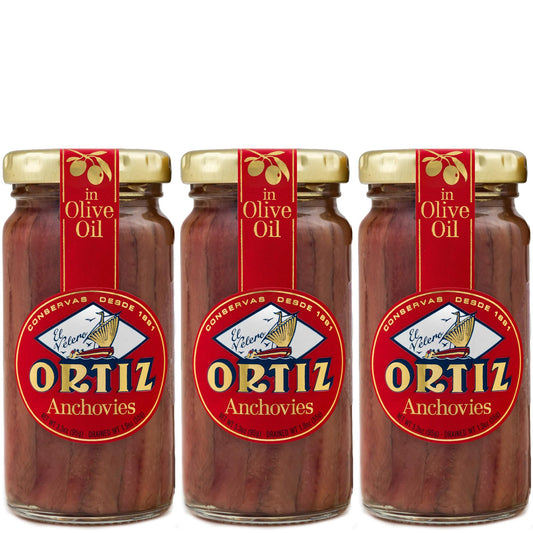 Ortiz Anchovies in Extra Virgin Olive Oil, Firm Buttery Fillets with a Rich Umami Taste, Wild Caught in Spain, Great for Pizza, Pasta and Caeser Salad, 3.3oz Glass Jar (Pack of 3)